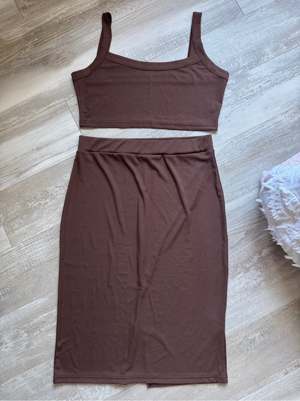 Brown Ribbed Two-Piece Midi Skirt Set XL NWOT